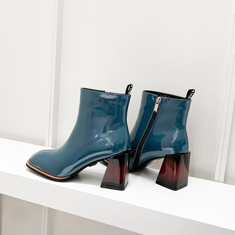 Women's Chic Leather Square Toe Chunky Heel Boots