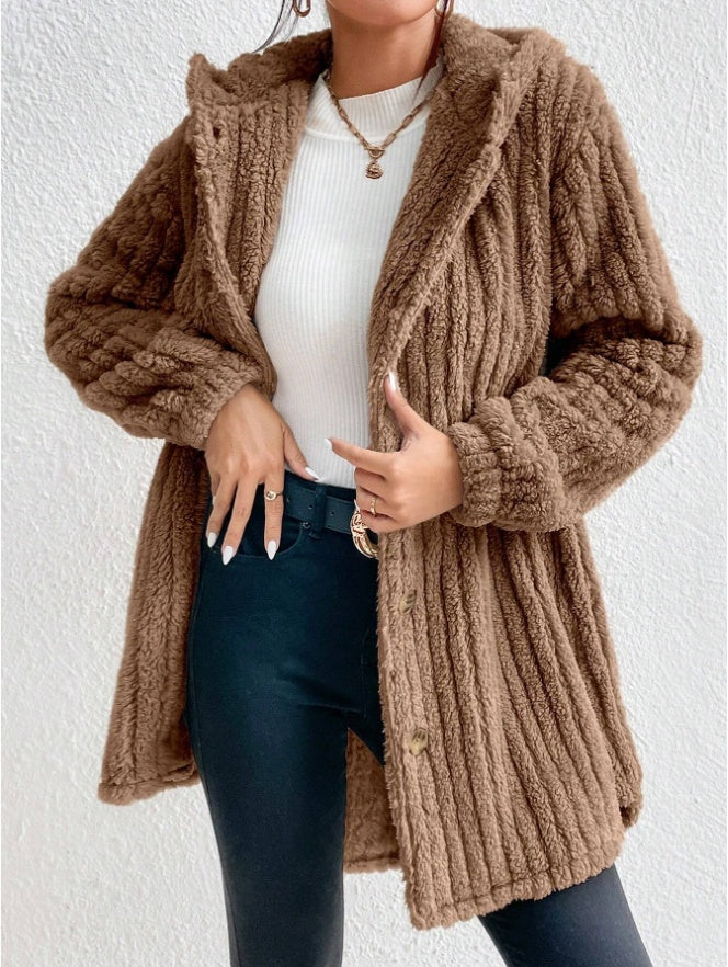 Cozy Button Front Hooded Teddy Coat Warm Fleece Jacket for Everyday Wear