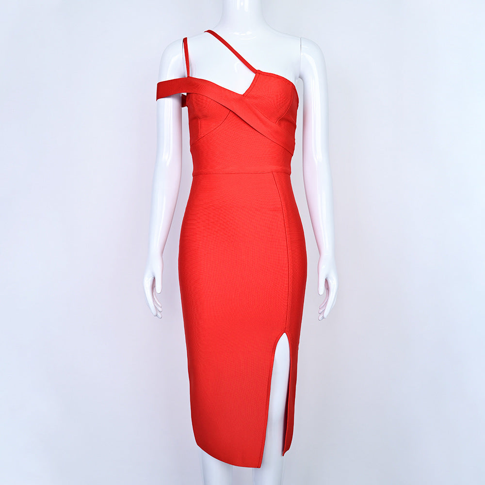 Stunning Red One-Shoulder Bandage Bodycon Midi Dress