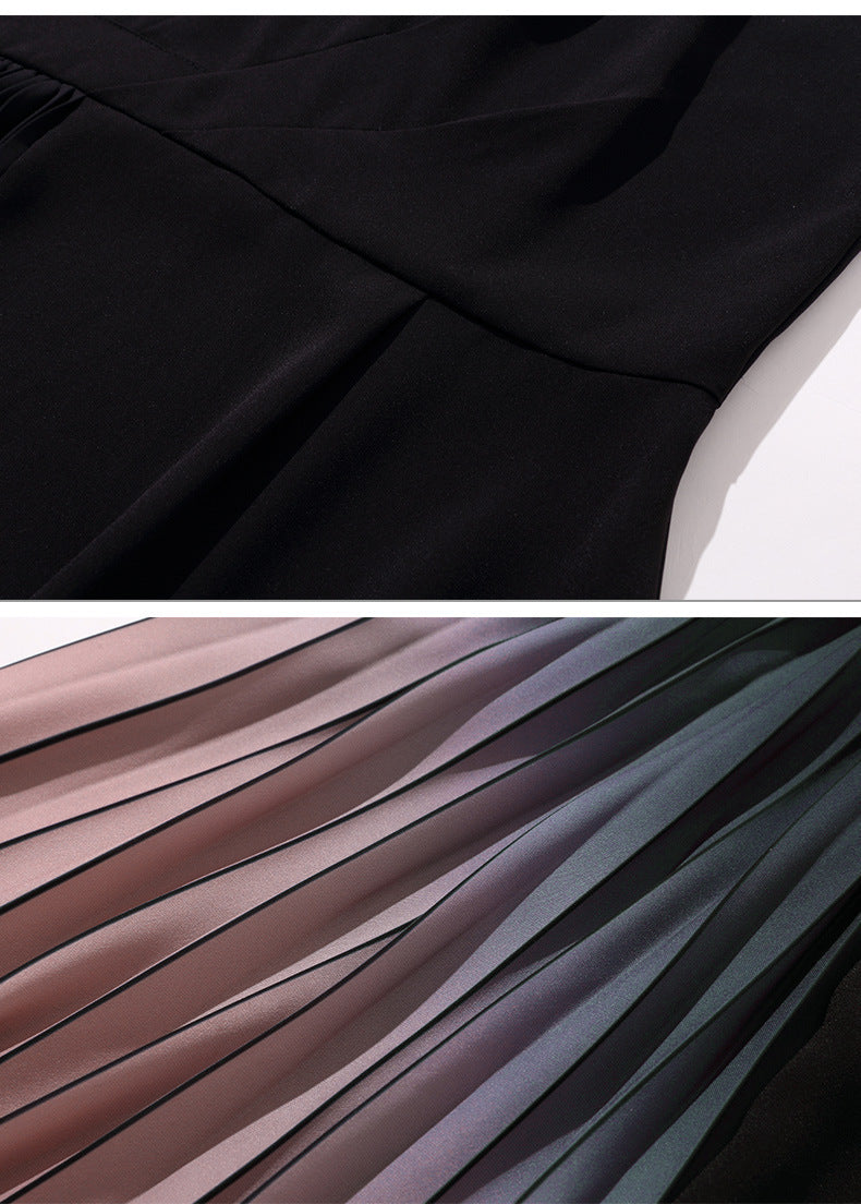 Elegant Gradient Pleated V-Neck Black Dress with Short Sleeves