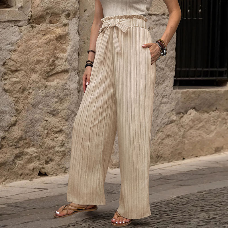 Comfortable High Waisted Paperbag Wide Leg Trousers with Tie Belt