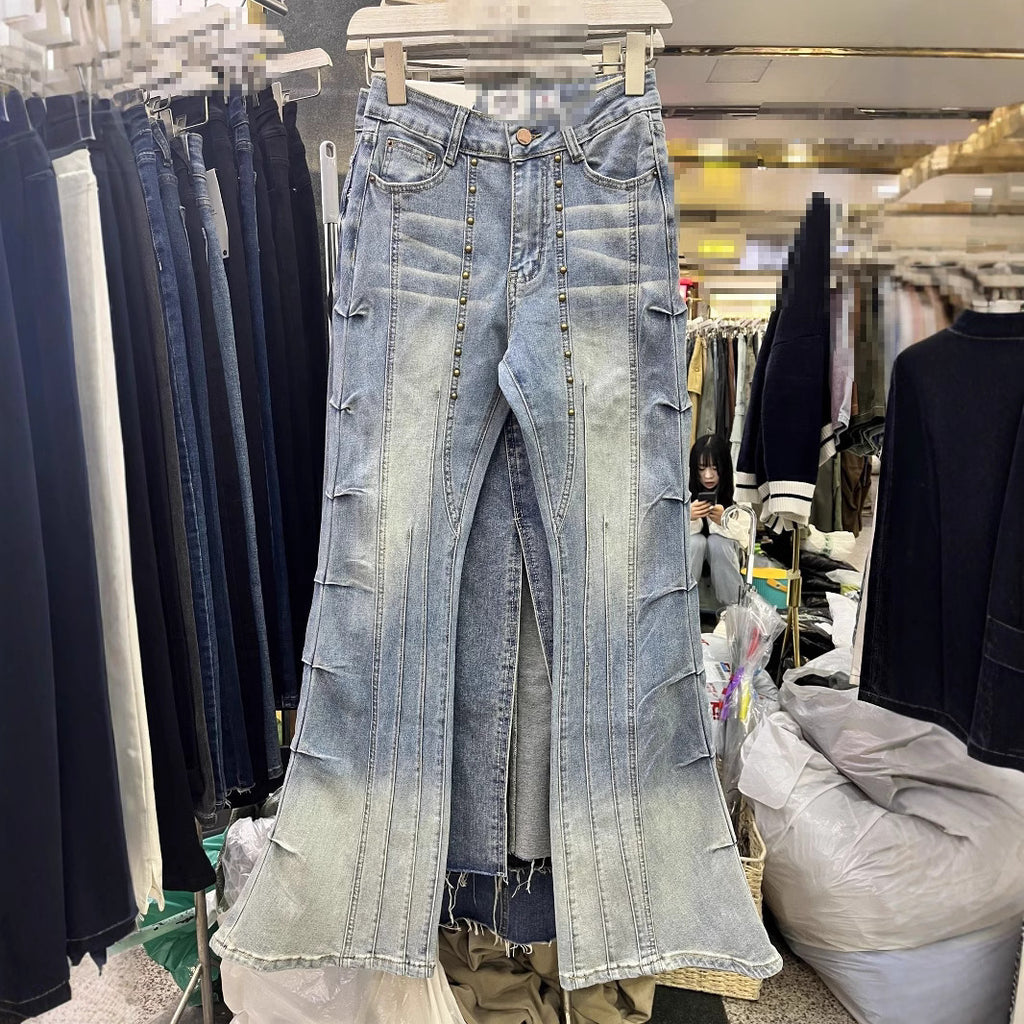 Retro Rivet High-Waist Flared Jeans - Street Style