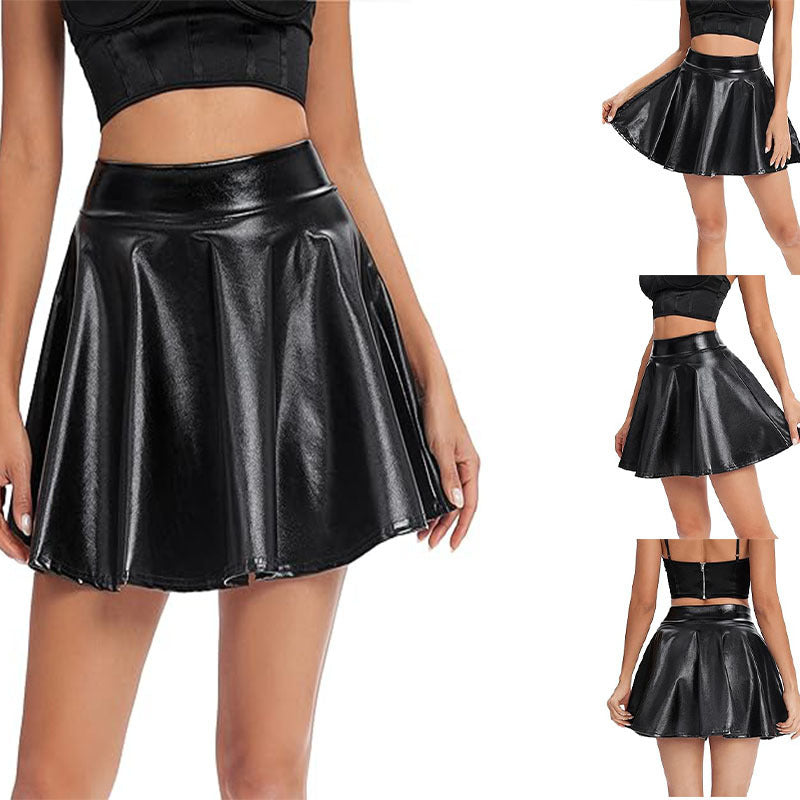 Fashionable High Waist Glossy Stretch Faux Leather Flare Mini Skirt