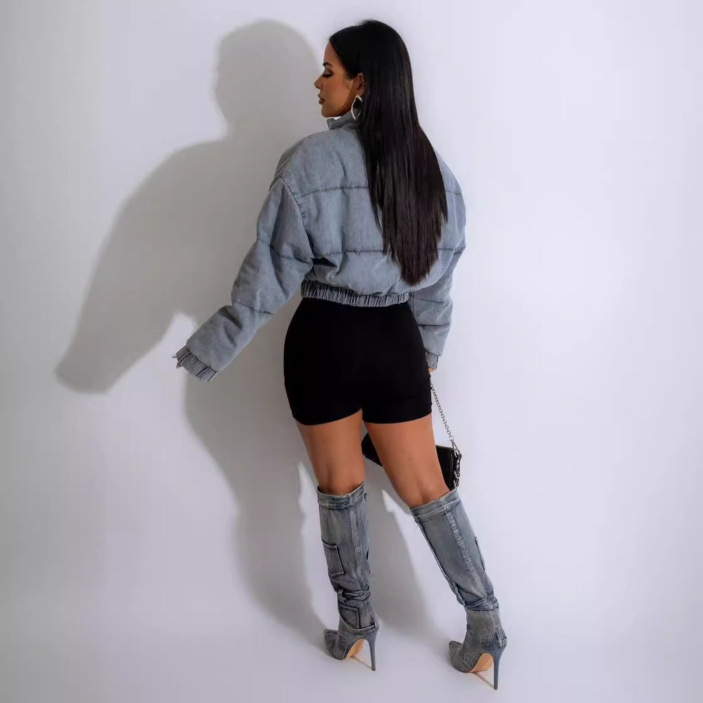 Urban Chic Padded Denim Bomber Jacket with Utility Pockets