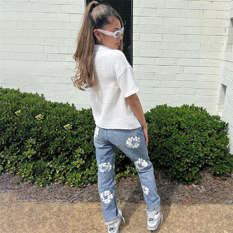 Trendy Floral Print High Waist Straight Jeans