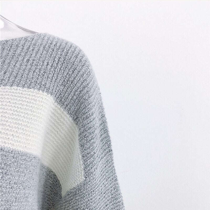 Relaxed Fit Striped Color Block Knitted Sweater with Wide Sleeves
