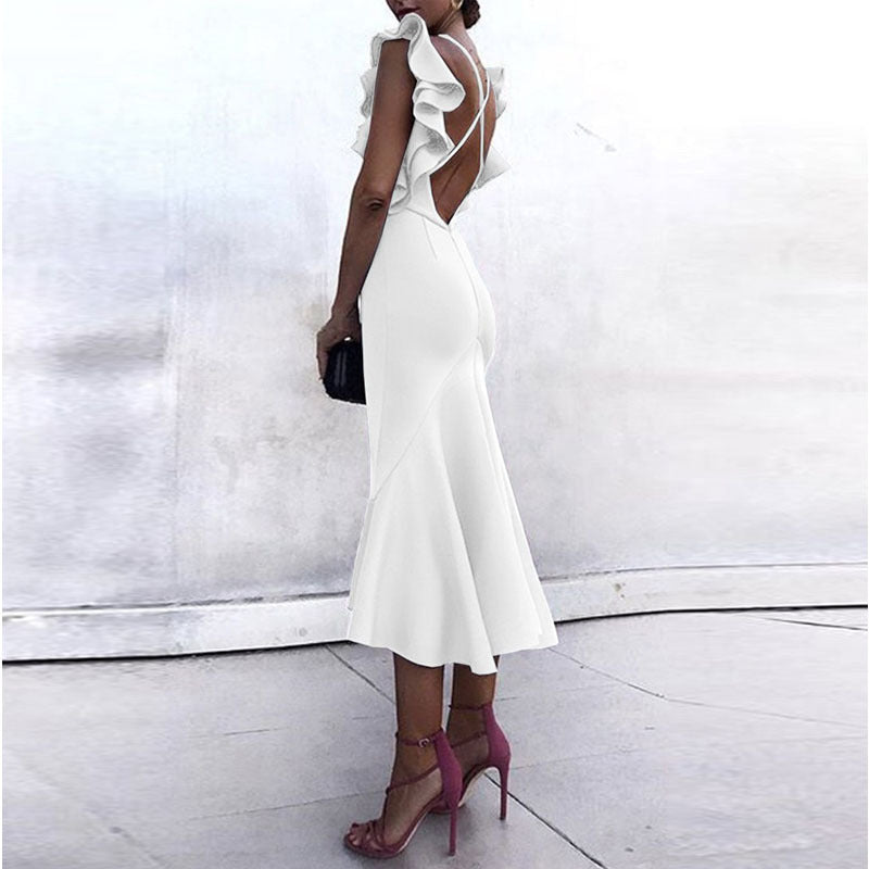 Elegant White V-Neck Backless Mermaid Evening Dress with Ruffle Details
