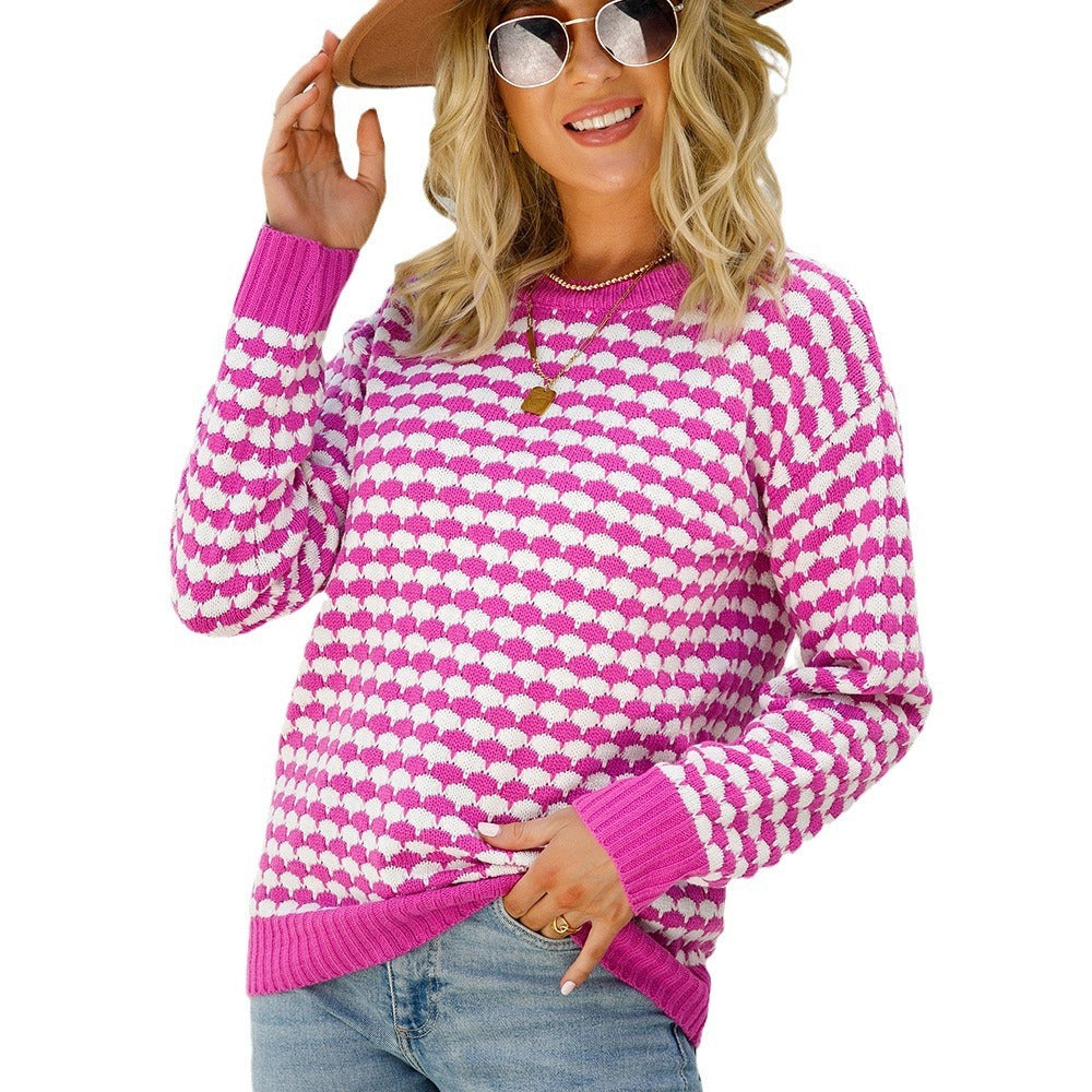 Stylish Round Neck Knitted Checkerboard Pattern Sweater for Everyday Comfort
