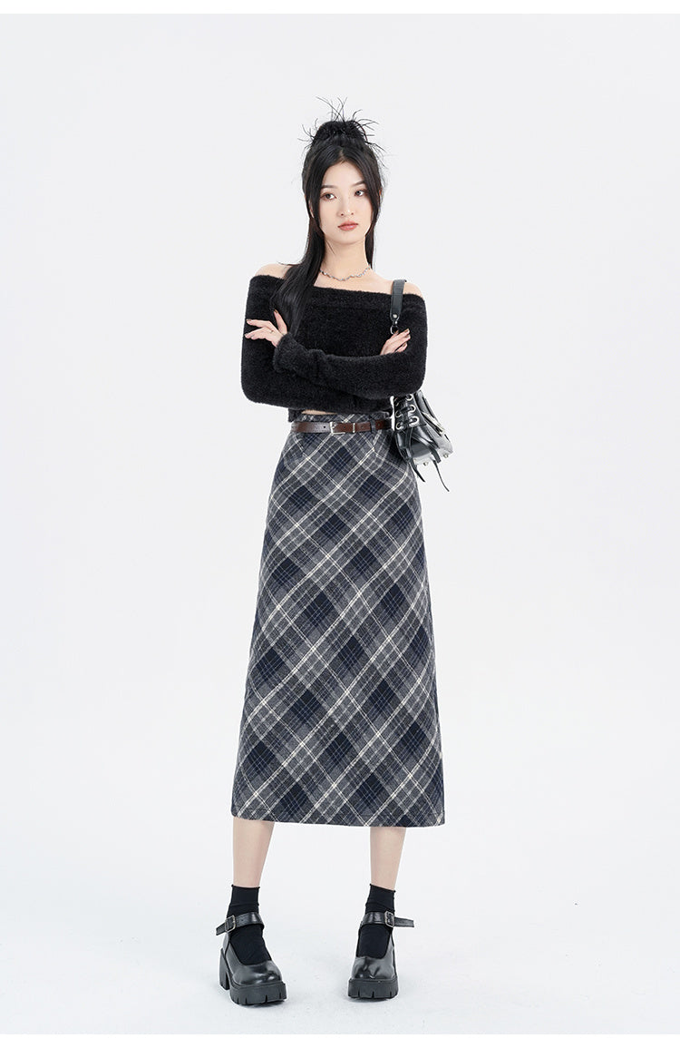 Chic High Waist Wool Blend Plaid A Line Midi Skirt for Women