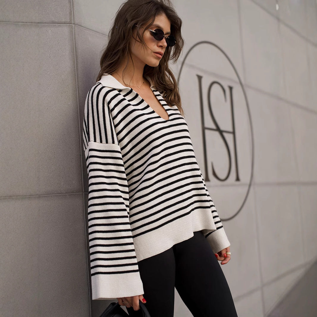 Classic Striped Loose Fit Knit Pullover Sweater with Collar