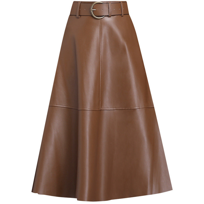 Elegant A-Line Faux Leather Midi Skirt with High Waist and Belt for Women