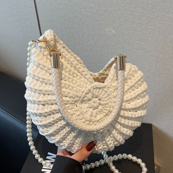 Handmade Woven Shell Handbag with Pearl Strap Unique Crochet Shoulder Bag