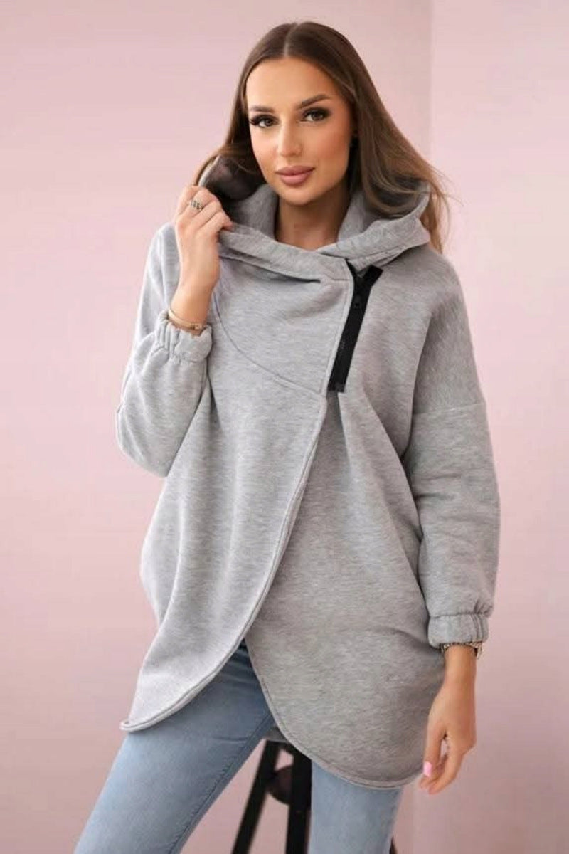 Cozy Fleece Asymmetrical Zip Hooded Casual Sweatshirt Jacket