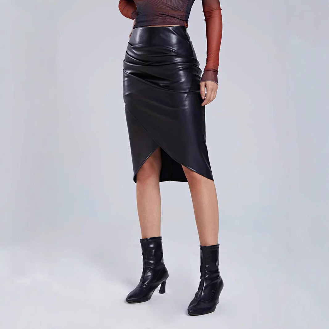 Chic High Waist Ruched Faux Leather Midi Skirt Excellent Asymmetric Hem Design