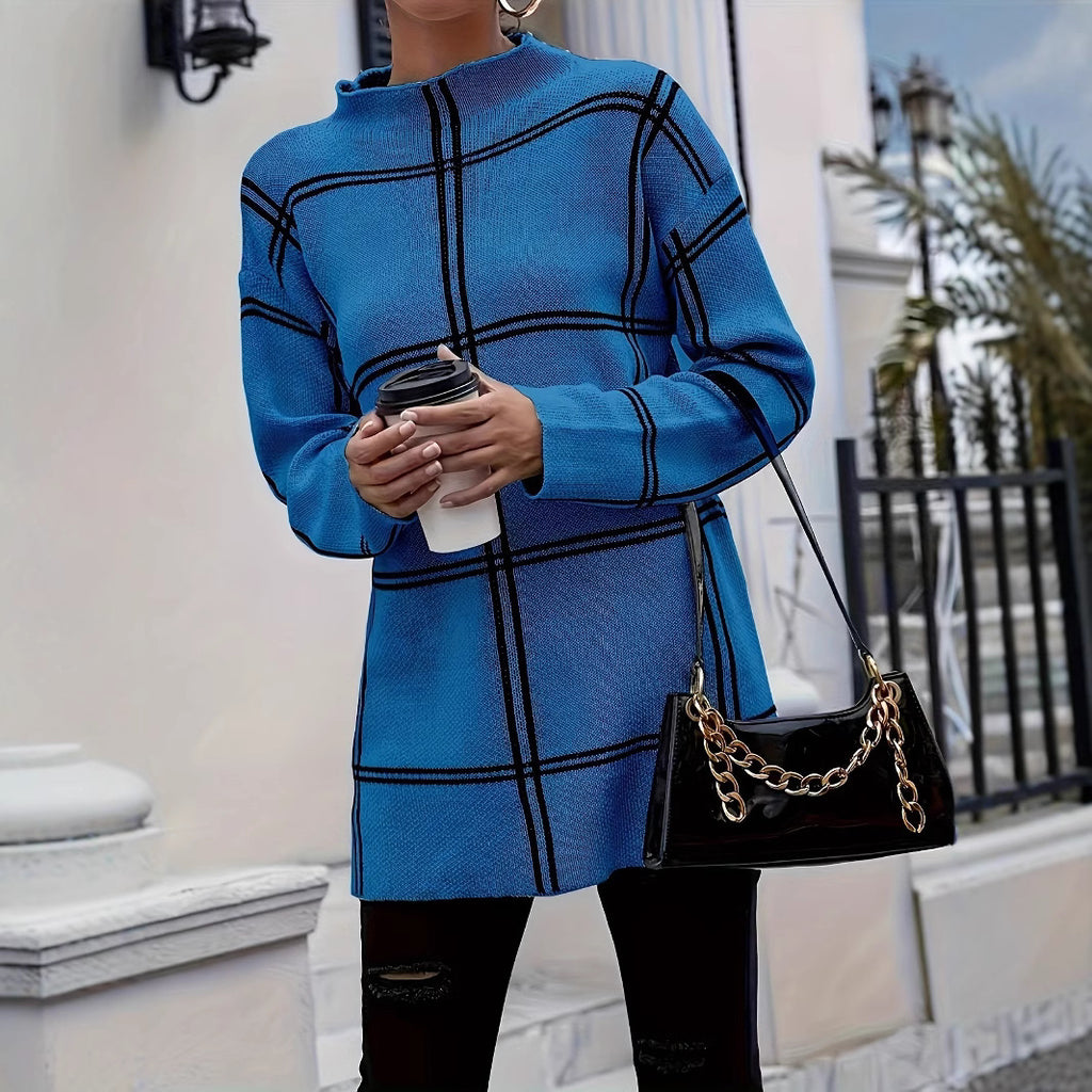 Elegant Grid Knit Mock Neck Long Sleeve Pullover Sweater Top