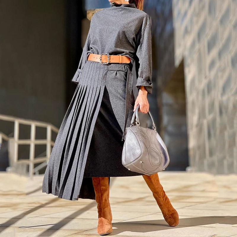 Elegant Long Sleeve Belted Pleated Midi Dress