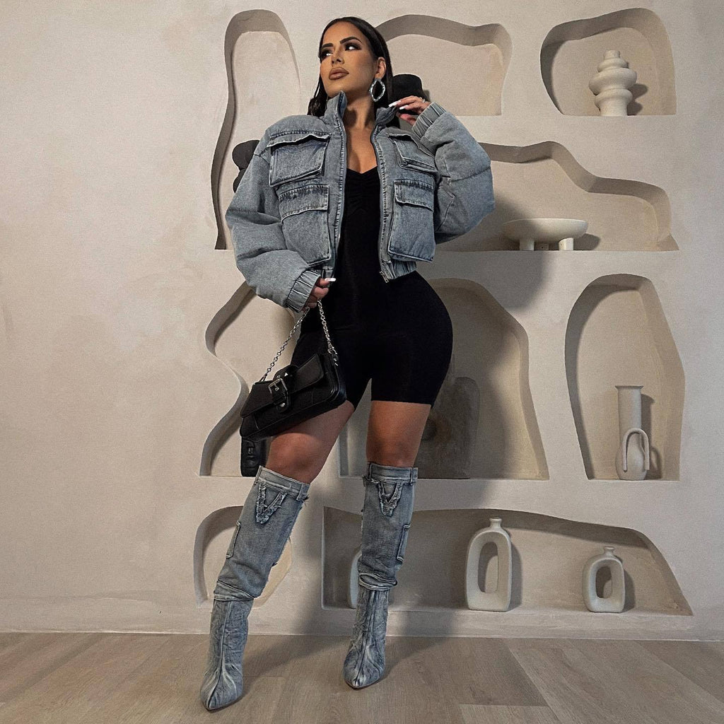 Urban Chic Padded Denim Bomber Jacket with Utility Pockets