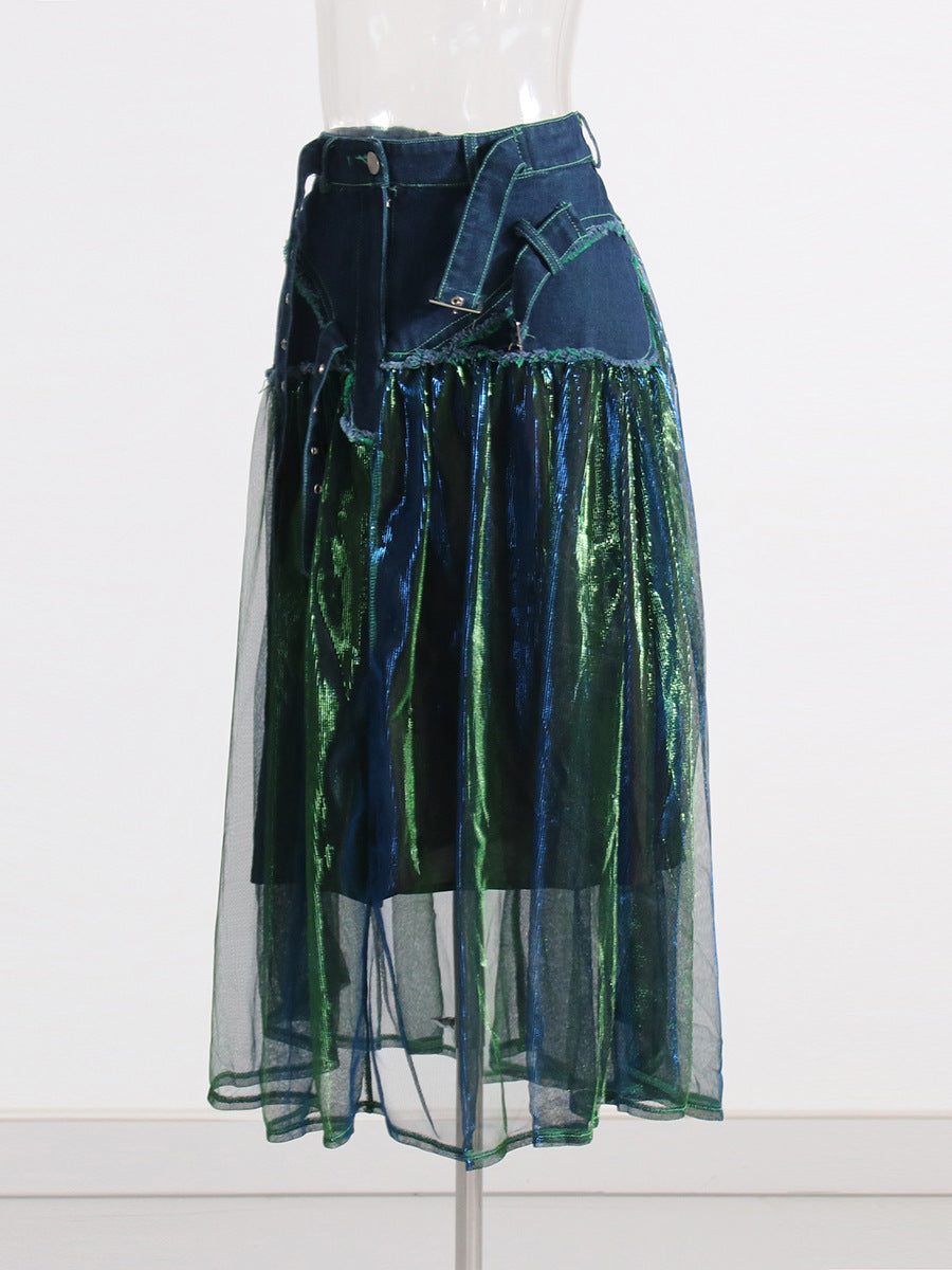 Fashion Forward Denim Tulle Midi Skirt with Adjustable Belted Waist