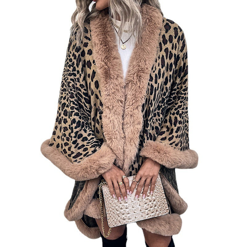 Cozy Leopard Print Faux Fur Trim Autumn Winter Kimono Style Cape Cardigan