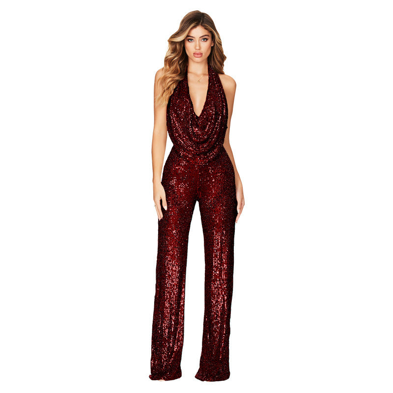 Sparkling Sequin Halter Neck Jumpsuit - Elegant Evening & Party Wear