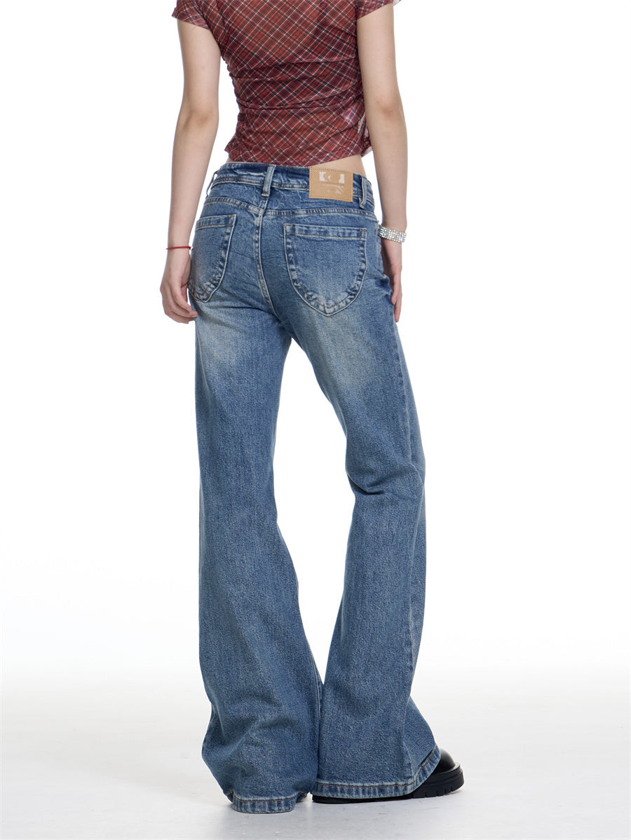 Retro Washed Wide Leg Jeans - Low Rise Denim for Women