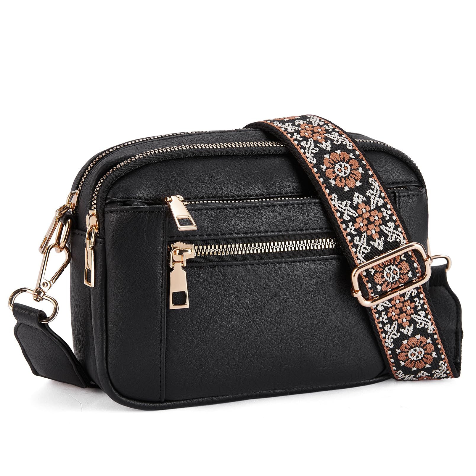 Chic Triple-Zipper Crossbody Bag with Floral Strap - Multi-functional