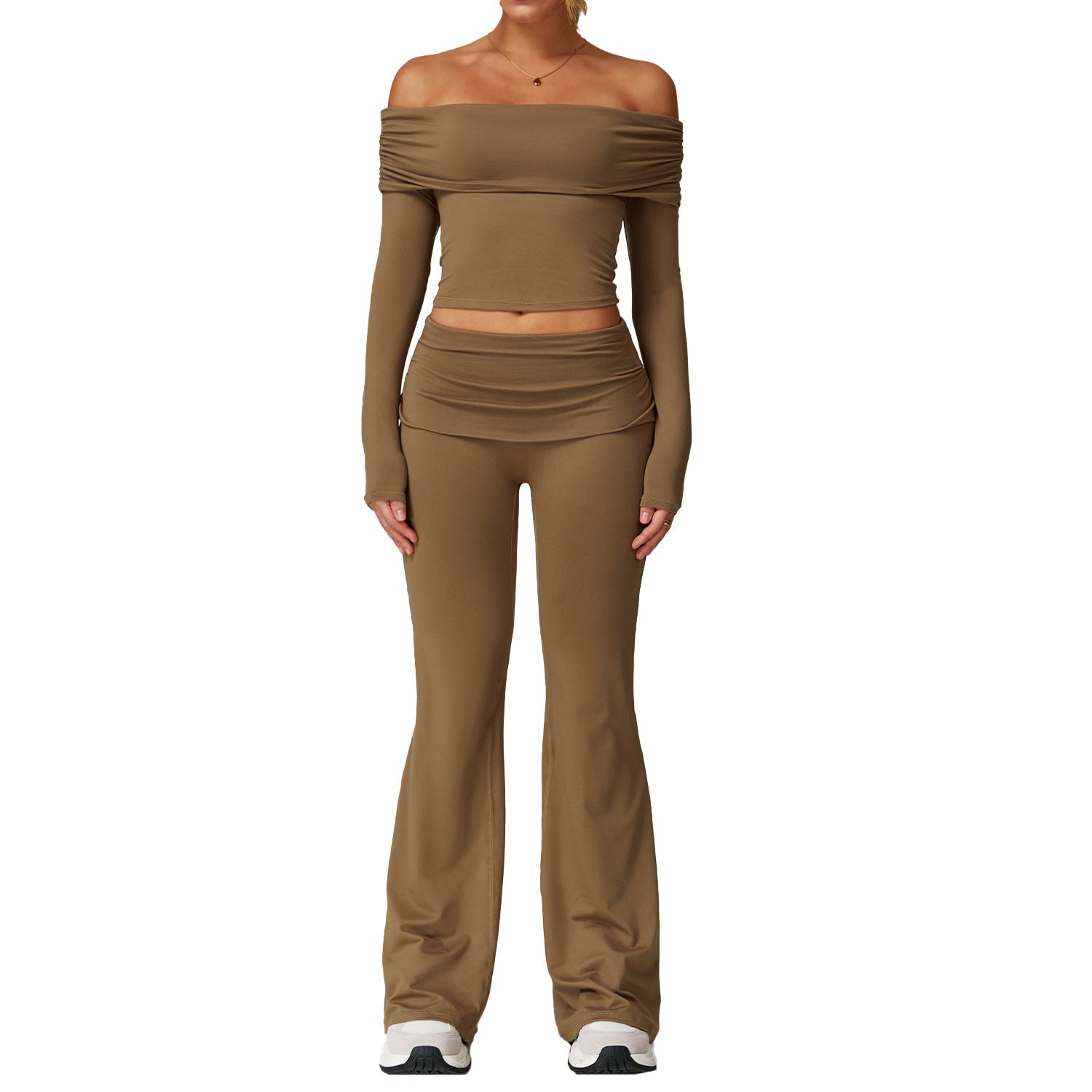 Effortless Off Shoulder Long Sleeve Crop Top and High Waist Shorts Set