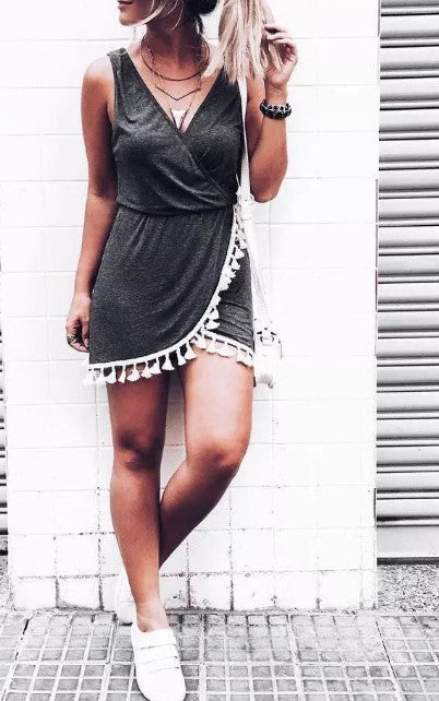 Bohemian V-Neck Sleeveless Wrap Mini Dress with Tassels - Summer Chic