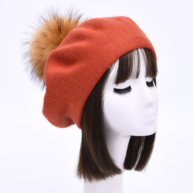 Women's Wool Beret with Real Raccoon Fur Pom Pom