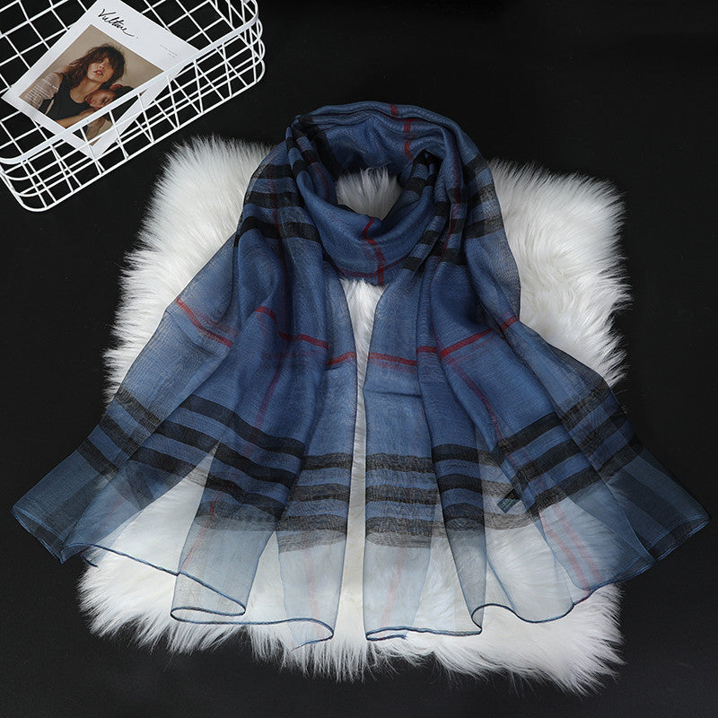 Classic Plaid Silk Scarf for Women - Versatile Style
