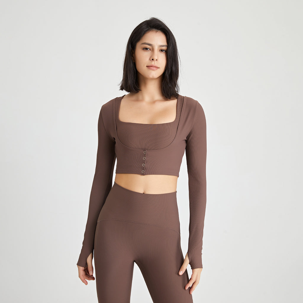 Women's Ribbed Long Sleeve Fitness Crop Top with Button Detail and Thumbholes
