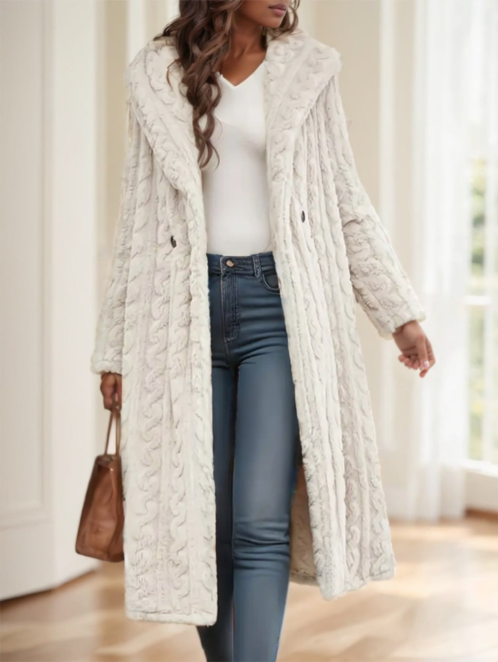 Elegant Textured Hooded Longline Coat Perfect for Winter Style