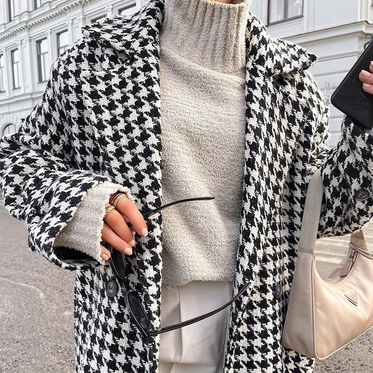 Oversized Houndstooth Long Trench Coat