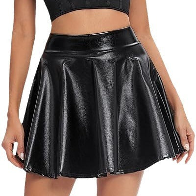 Fashionable High Waist Glossy Stretch Faux Leather Flare Mini Skirt