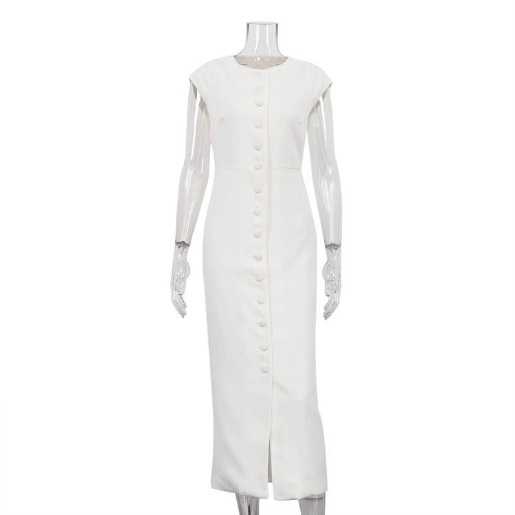 Elegant White Button-Front Sheath Midi Dress