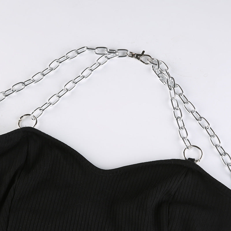 Sleek Black Chain Halter Bodysuit with Mesh Sleeves