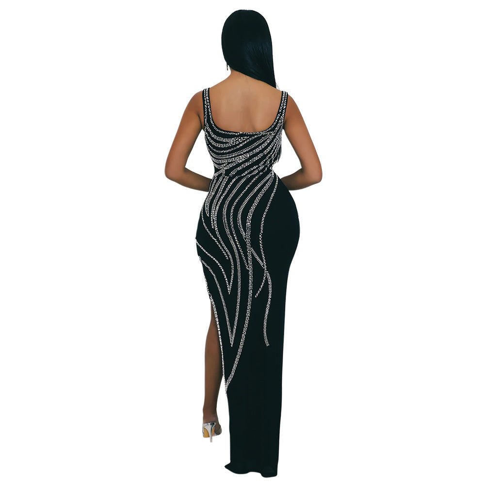 Glamorous Rhinestone High Slit Maxi Dress - Elegant Evening Party Gown