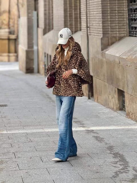 Stylish Leopard Print Faux Fur Hooded Jacket Comfortable Loose Fit Autumn Winter Warmth