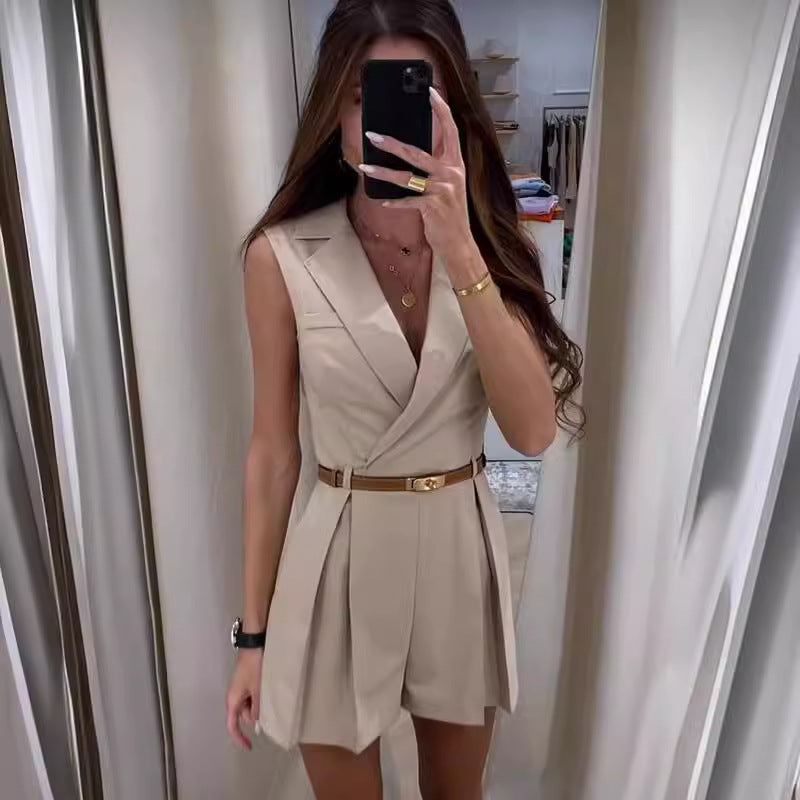 Elegant Sleeveless Tailored Romper - Women's Chic Blazer Jumpsuit