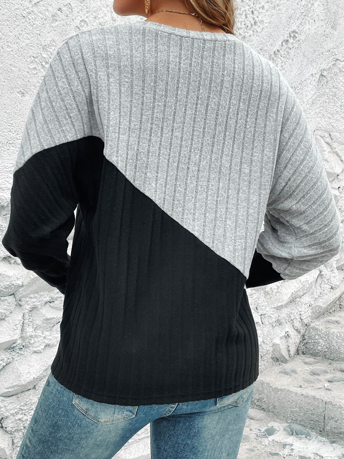 Chic Color Block Ribbed Knit V Neck Long Sleeve Sweater Top