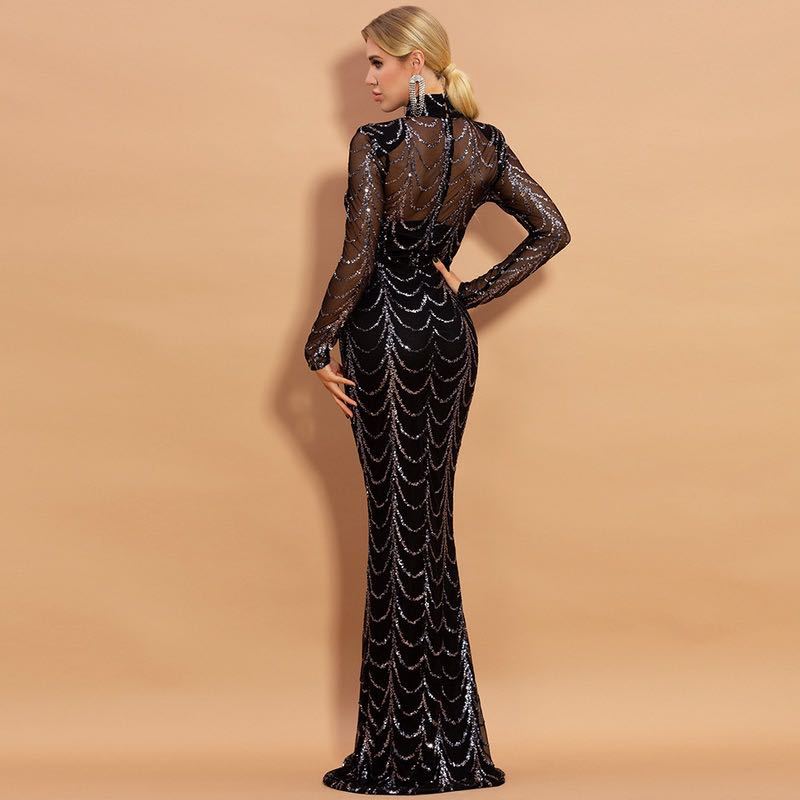 Stunning Sequin Long Sleeve Maxi Evening Dress - Ariana Vogue