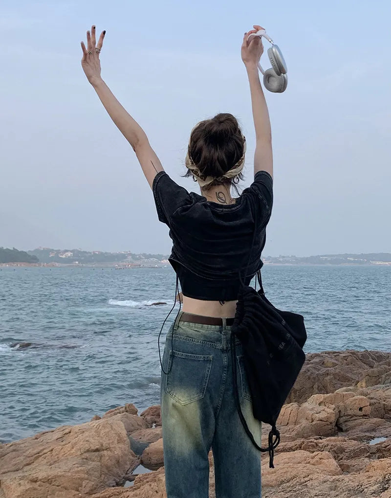 High-Waist Distressed Wide-Leg Denim Jeans