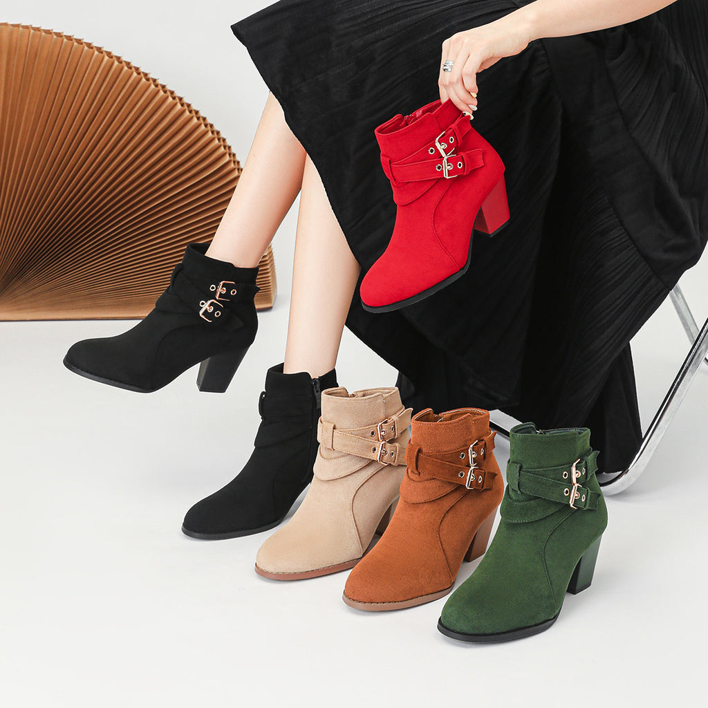 Adalyn Suede Buckle Block Heel Boots