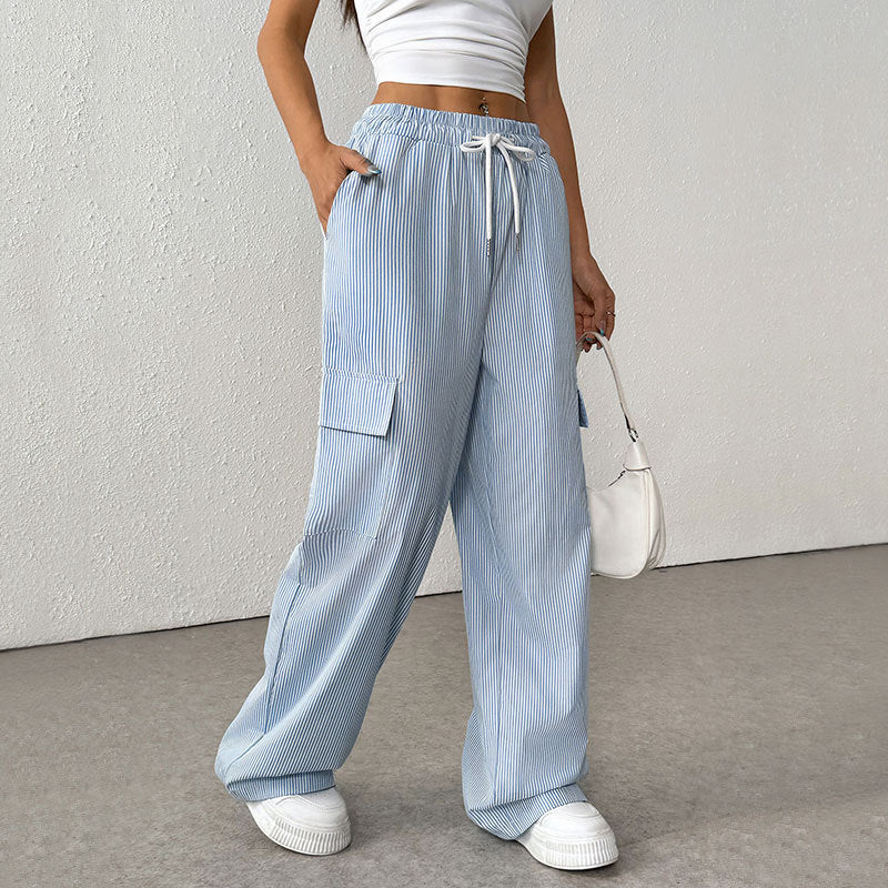 Comfortable Striped High Waist Wide Leg Cargo Trousers