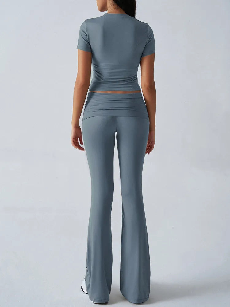 Comfortable Solid Color Short Sleeve Crop Top and Flared Leg Pants Co ord Set