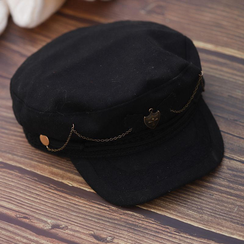 Chic Black Beret with Wing & Chain Accent