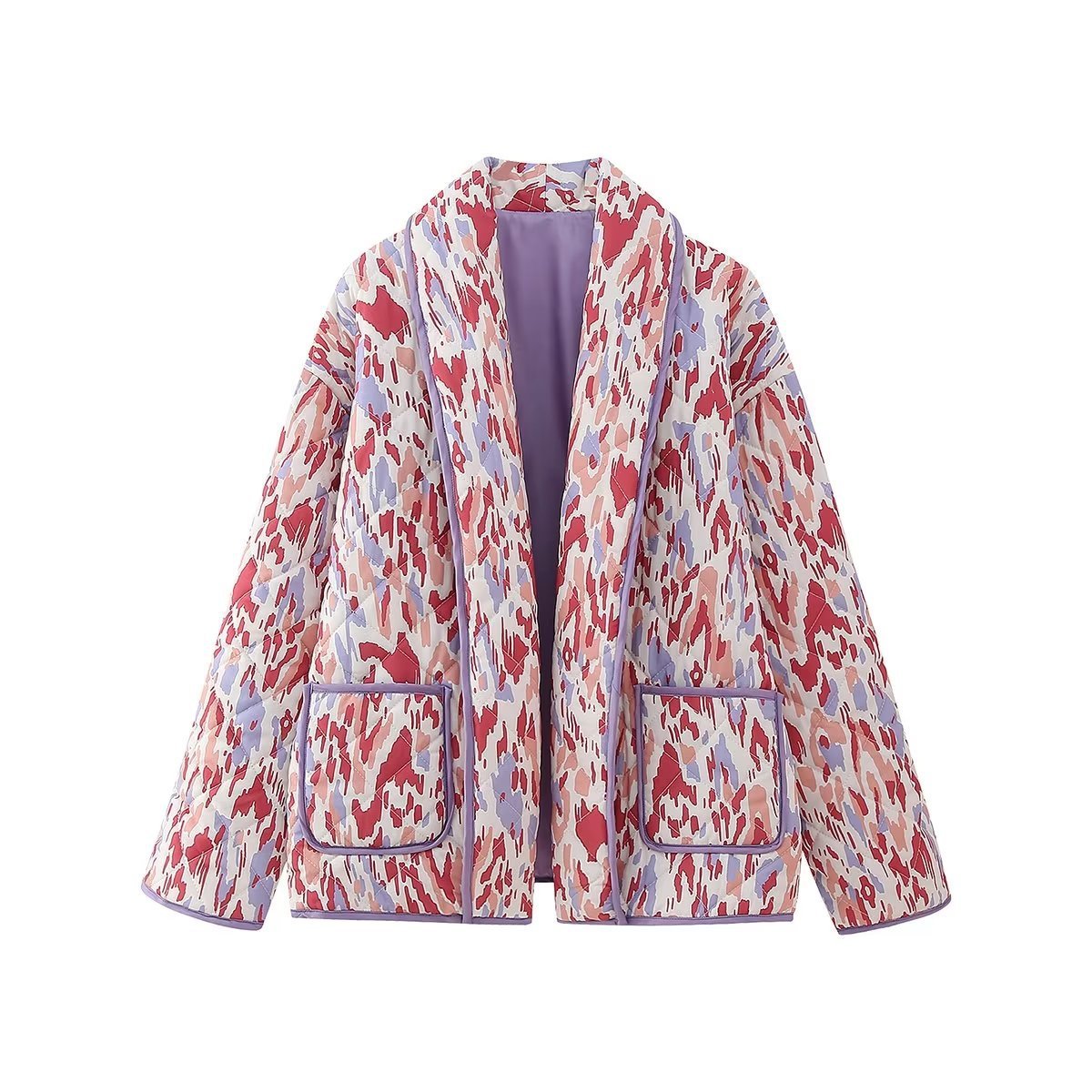 Artistic Retro Printed Quilted Jacket with Lapel Collar and Pockets