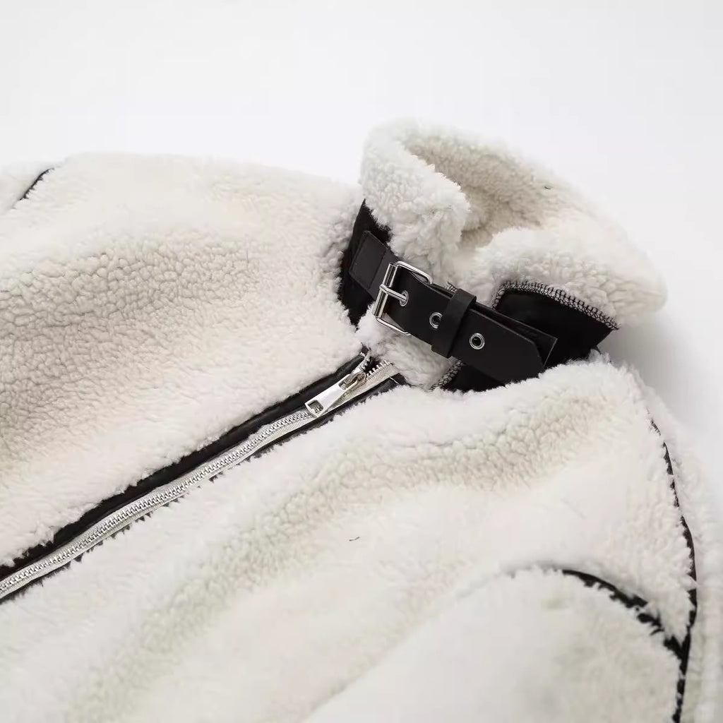 Chic Street Style Faux Shearling Patchwork Warm Zip Up Jacket