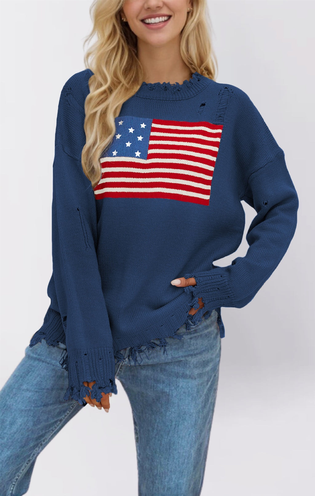 Loose Fit Distressed American Flag Knit Pullover Sweater