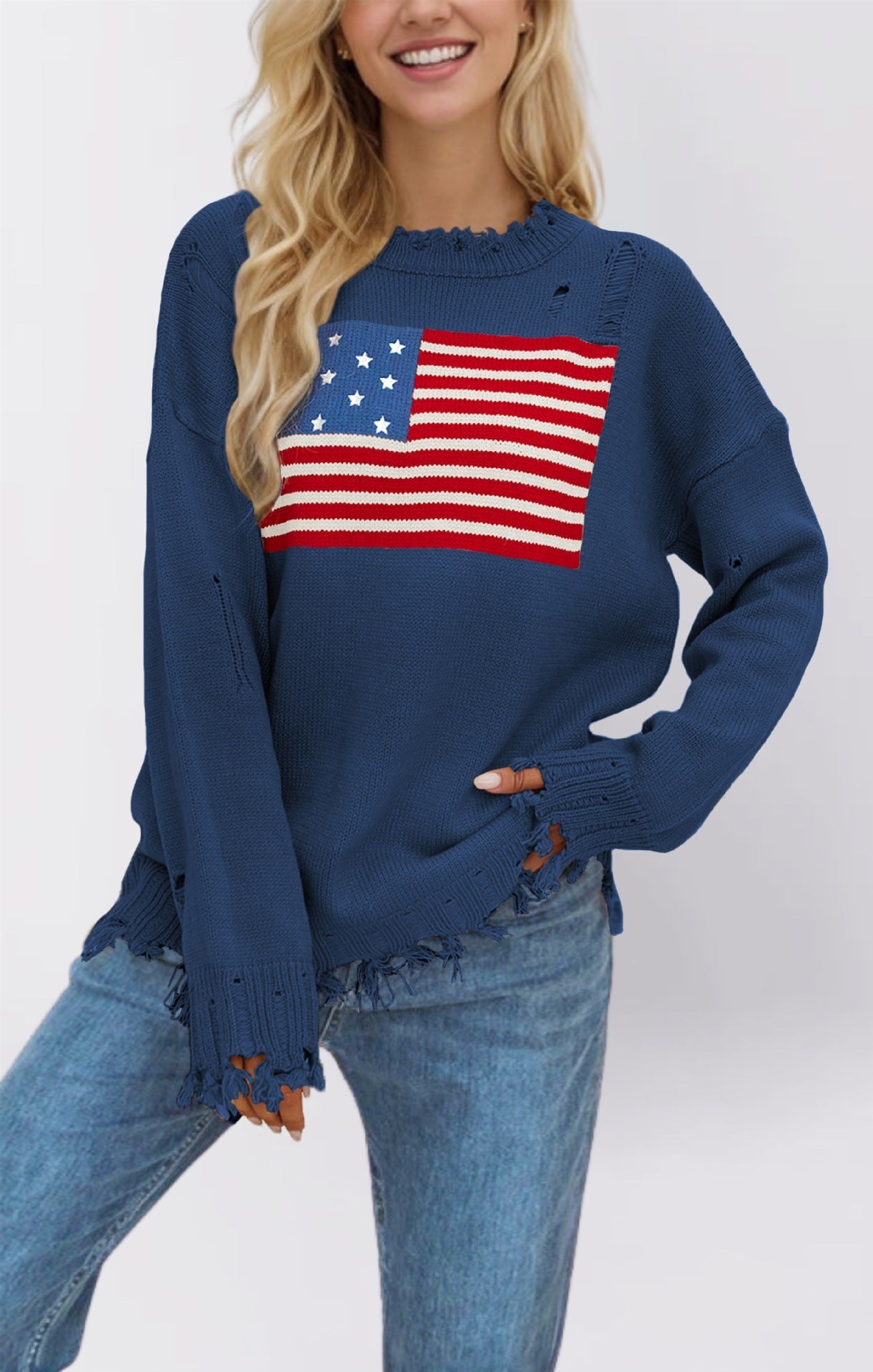 Loose Fit Distressed American Flag Knit Pullover Sweater